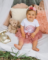 Rainbow Rose 2nd Birthday Outfit for Girls – Short Sleeve Bodysuit, Layered Tutu Skirt & Floral Headband Set