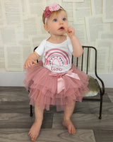 Rainbow Rose 2nd Birthday Outfit for Girls – Short Sleeve Bodysuit, Layered Tutu Skirt & Floral Headband Set