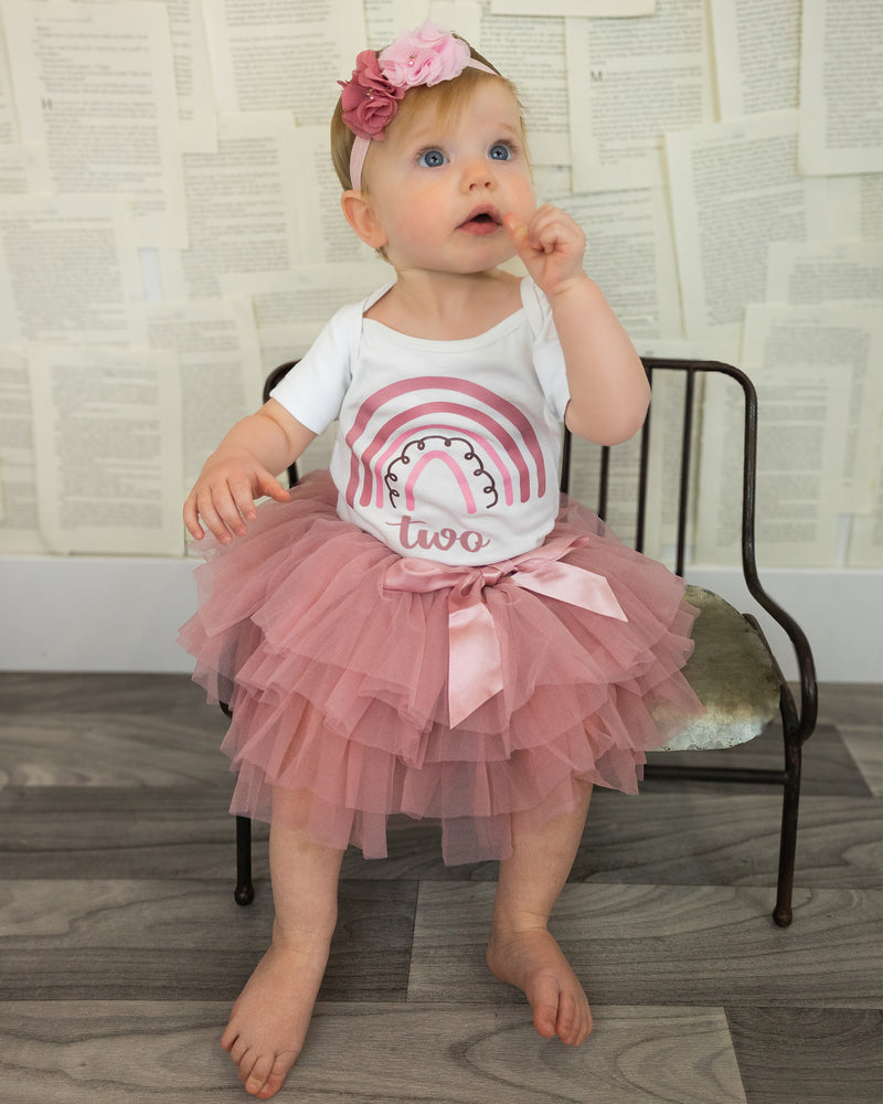 Rainbow Rose 2nd Birthday Outfit for Girls – Short Sleeve Bodysuit, Layered Tutu Skirt & Floral Headband Set