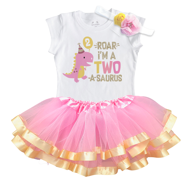 Luke and Lulu 2 Year Old Girl Dinosaur Birthday Outfit - Two Rex Pink Gold Dress with Headband for Toddlers