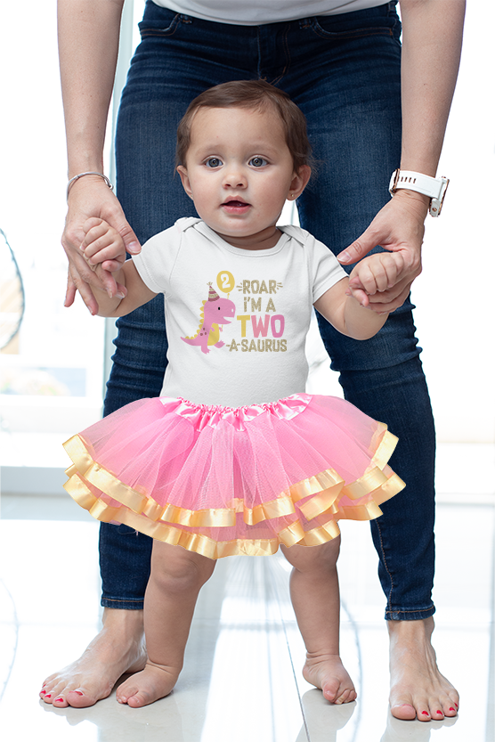 Luke and Lulu 2 Year Old Girl Dinosaur Birthday Outfit - Two Rex Pink Gold Dress with Headband for Toddlers