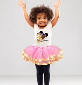 Girls 3rd Birthday Outfit – Short Sleeve Pink & Gold Afro Puffs Shirt, Tutu Skirt & Headband Set