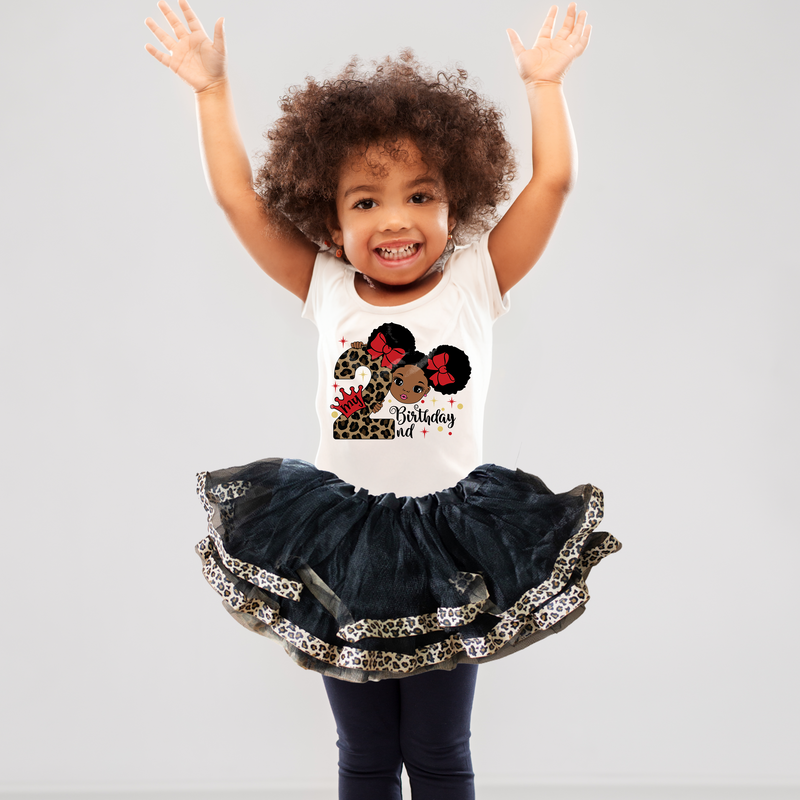 Afro Puff 2nd Birthday Outfit for Girls – Short Sleeve Bodysuit, Leopard Tutu Skirt & Headband Set