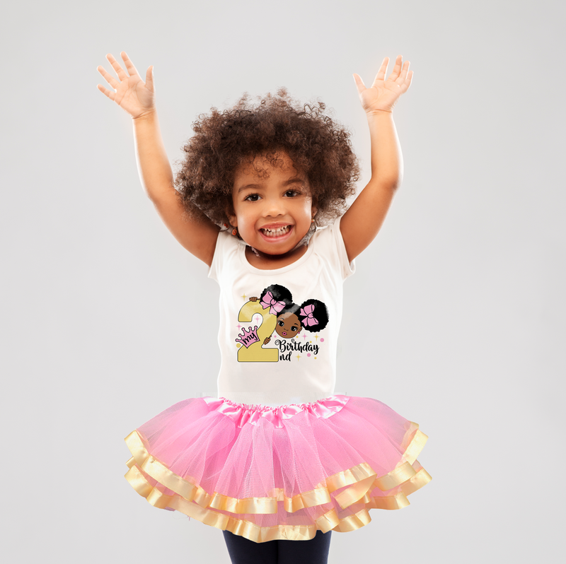 Afro Puff 2nd Birthday Outfit for Girls – Short Sleeve Bodysuit, Pink & Gold Tutu Skirt & Headband Set