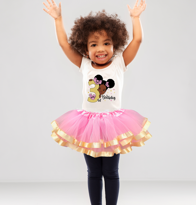 Girls 3rd Birthday Outfit – Short Sleeve Pink & Gold Afro Puffs Shirt, Tutu Skirt & Headband Set
