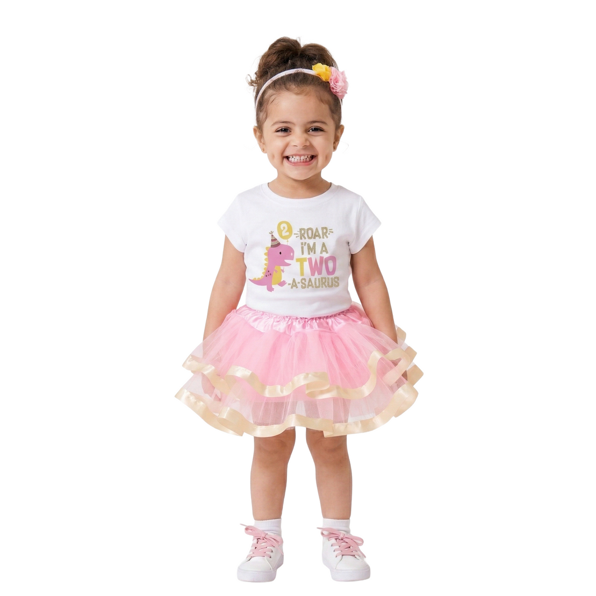 Luke and Lulu 2 Year Old Girl Dinosaur Birthday Outfit - Two Rex Pink Gold Dress with Headband for Toddlers