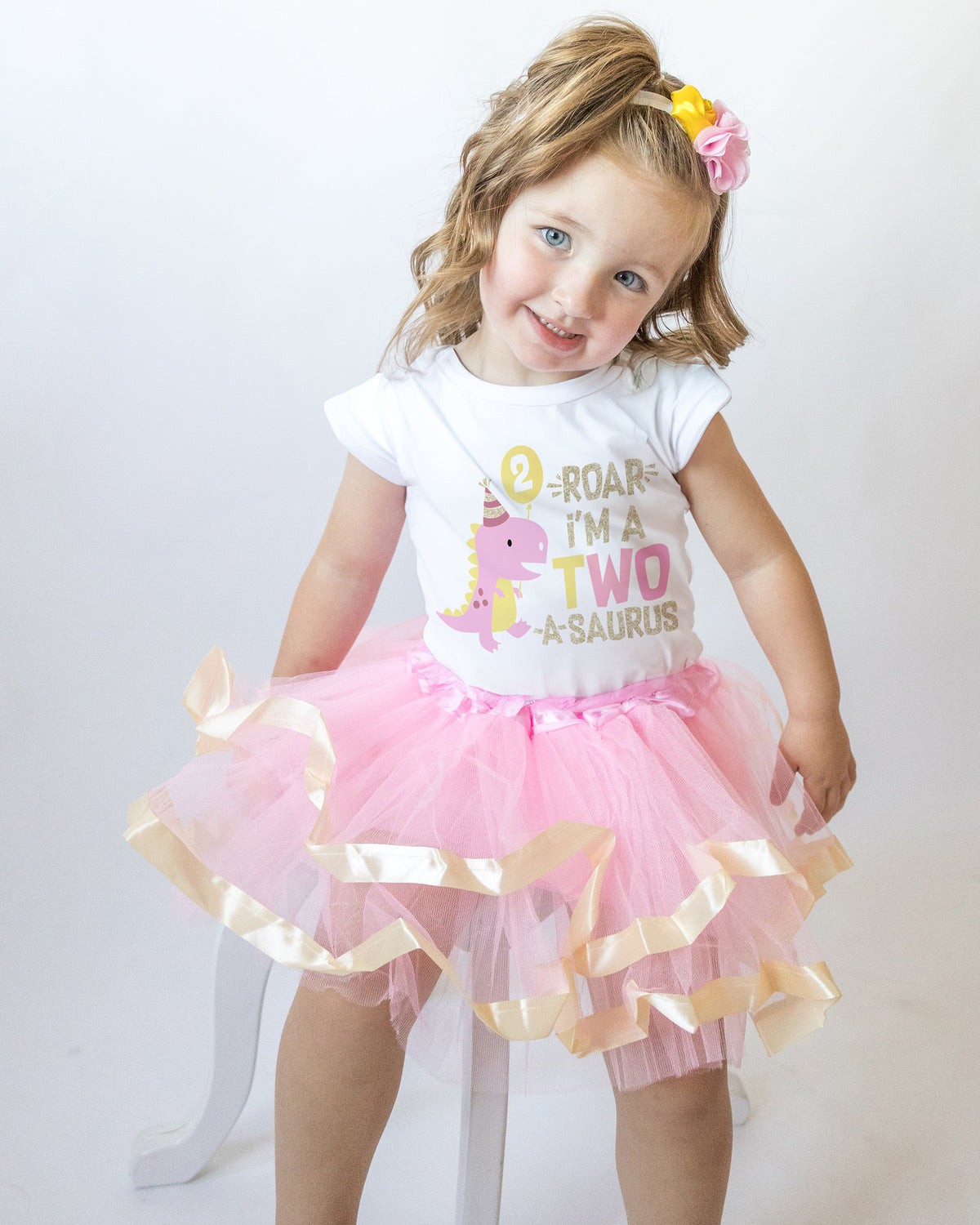 Luke and Lulu 2 Year Old Girl Dinosaur Birthday Outfit - Two Rex Pink Gold Dress with Headband for Toddlers