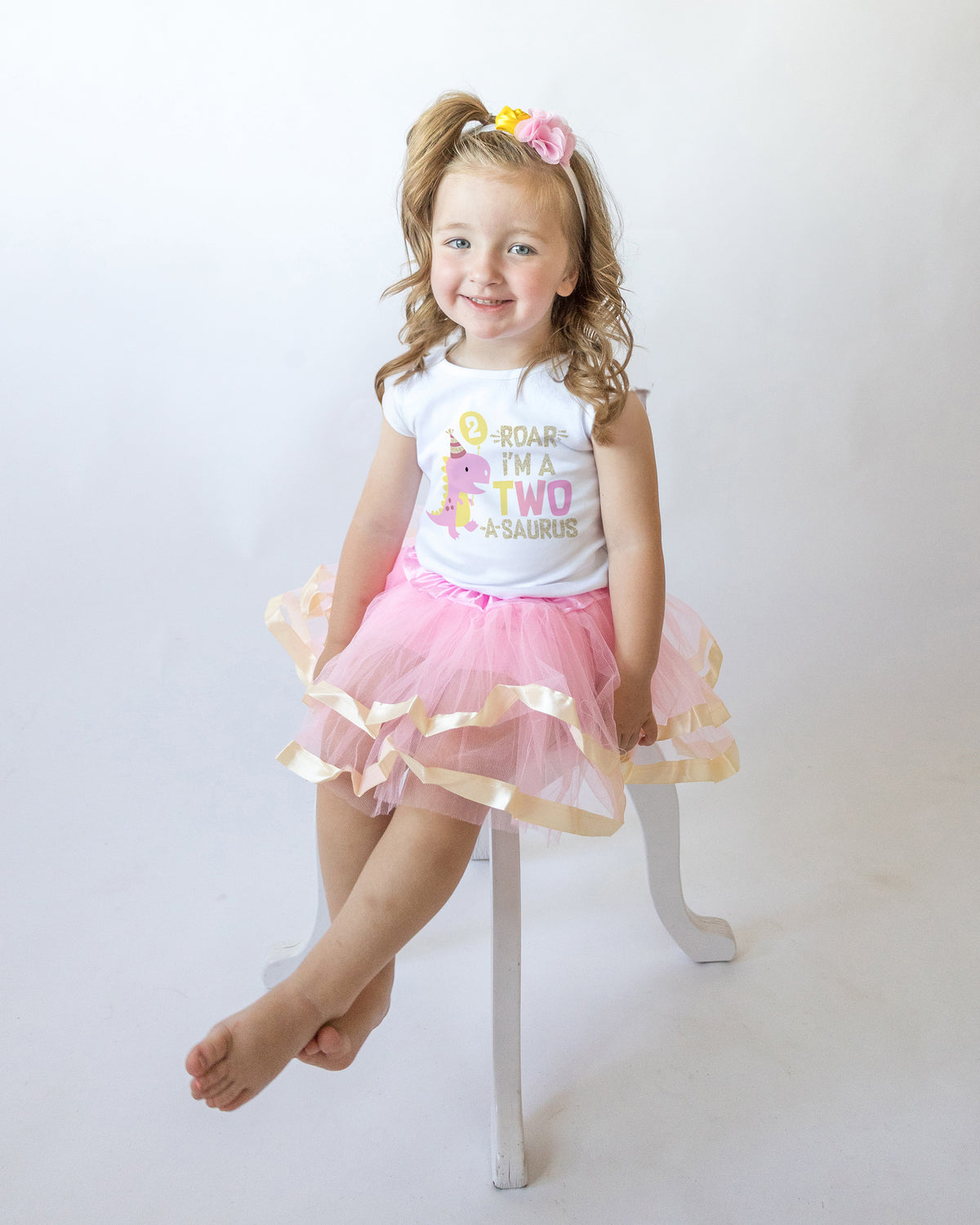 Luke and Lulu 2 Year Old Girl Dinosaur Birthday Outfit - Two Rex Pink Gold Dress with Headband for Toddlers