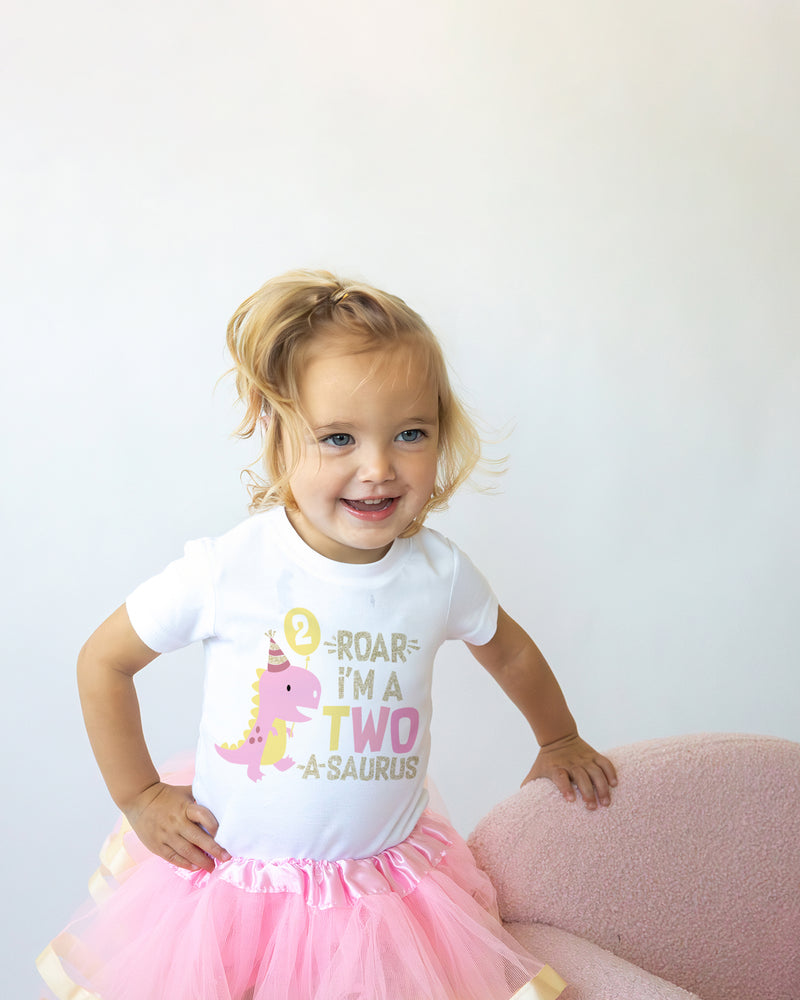 Two Rex 2nd Birthday Outfit for Girls – Pink Dinosaur Short Sleeve Bodysuit, Tutu Skirt & Headband Set