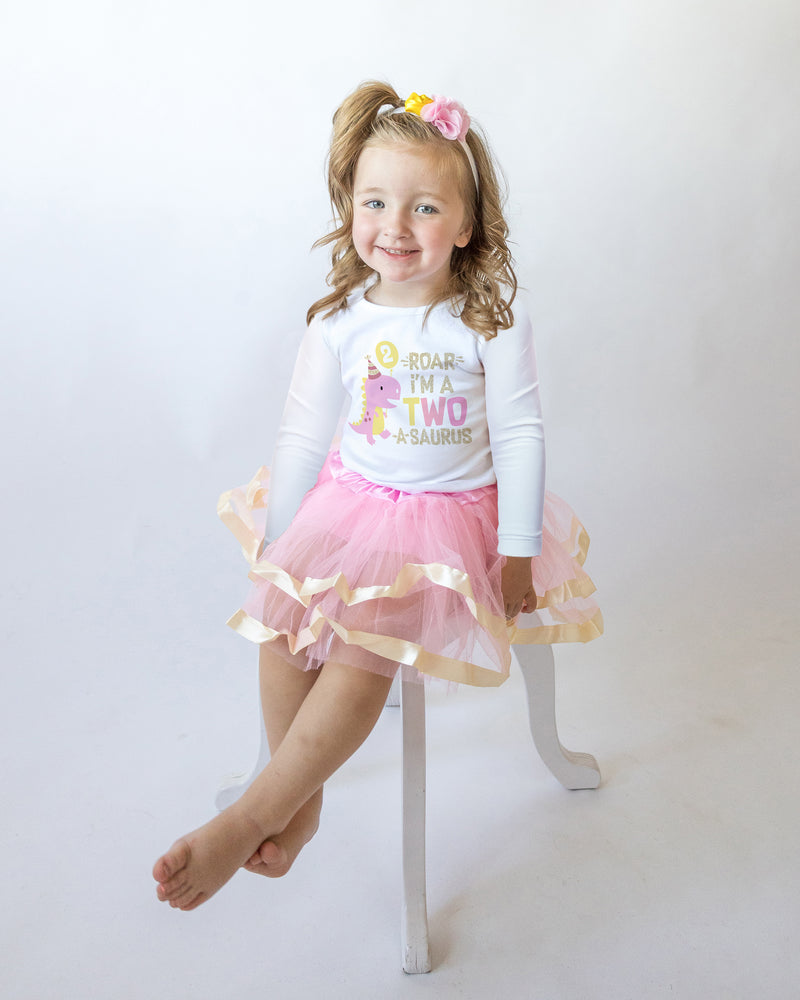 Two Rex 2nd Birthday Outfit for Girls – Pink Dinosaur Long Sleeve Bodysuit, Tutu Skirt & Headband Set