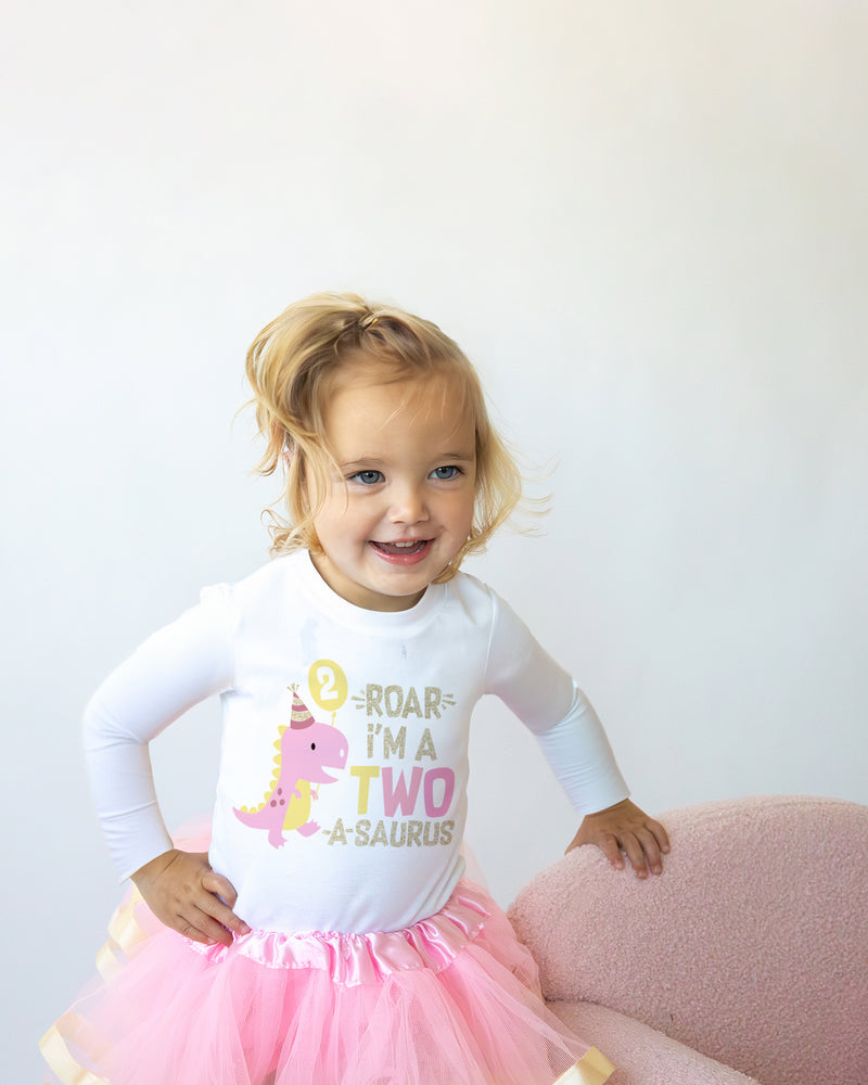 Two Rex 2nd Birthday Outfit for Girls – Pink Dinosaur Long Sleeve Bodysuit, Tutu Skirt & Headband Set
