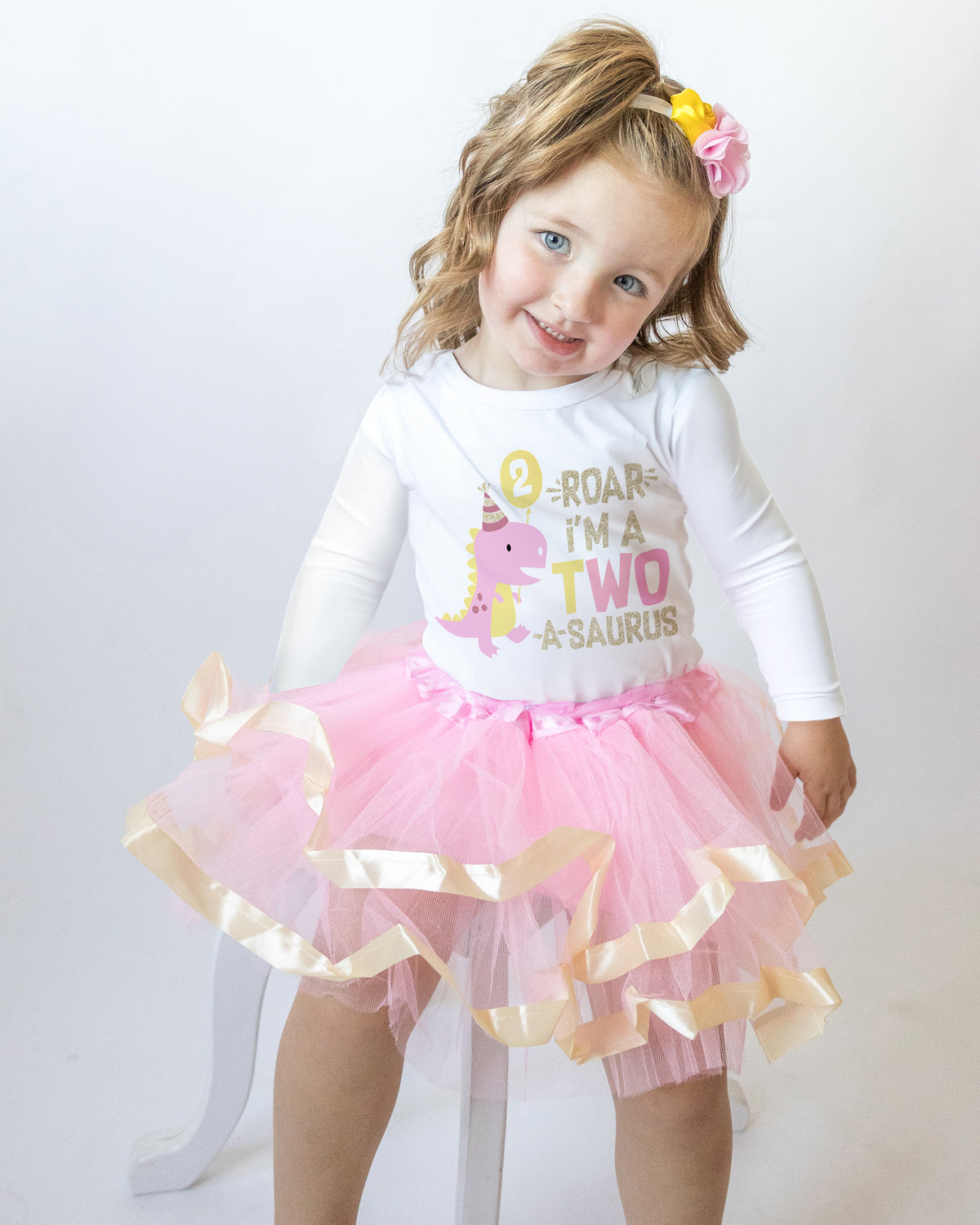 Luke and Lulu 2 Year Old Girl Dinosaur Birthday Outfit - Two Rex Pink Gold Dress with Headband for Toddlers