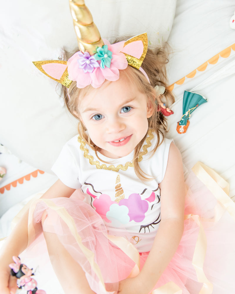 Unicorn 2nd Birthday Outfit for Girls – Short Sleeve Bodysuit, Pink Tutu Skirt & Headband Set