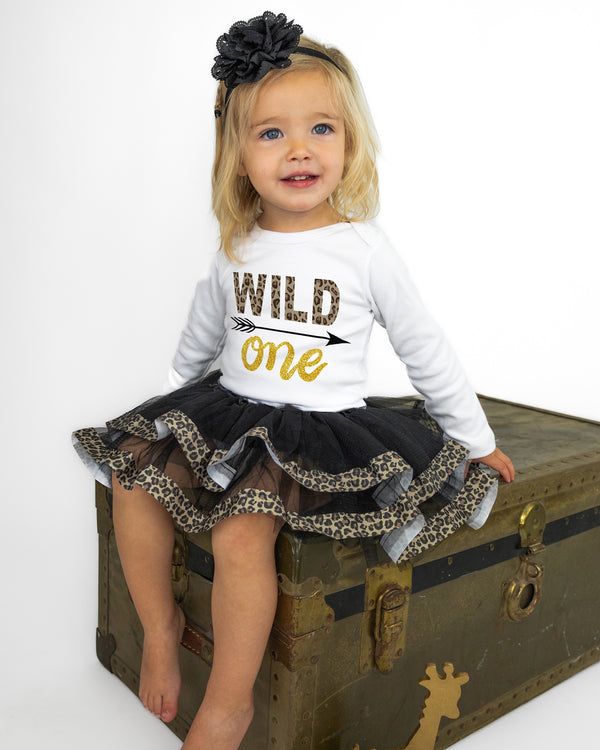 Wild One 1st Birthday Outfit for Girls – Long Sleeve Bodysuit, Leopard Tutu Skirt & Headband Set
