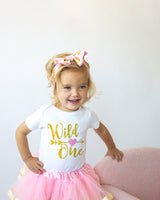 Wild One 1st Birthday Outfit for Girls – Pink & Gold Short Sleeve Bodysuit, Tutu Skirt & Bow Set