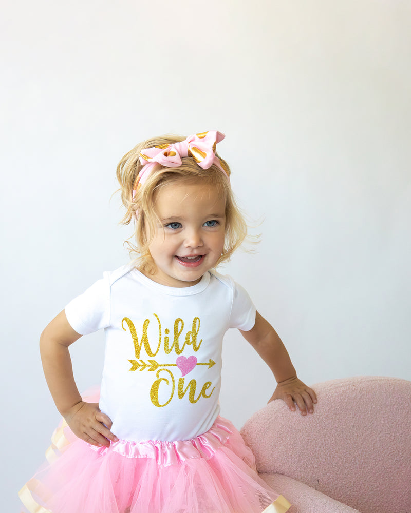 Wild One 1st Birthday Outfit for Girls – Pink & Gold Short Sleeve Bodysuit, Tutu Skirt & Bow Set