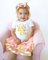 Wild One 1st Birthday Outfit for Girls – Pink & Gold Short Sleeve Bodysuit, Tutu Skirt & Bow Set
