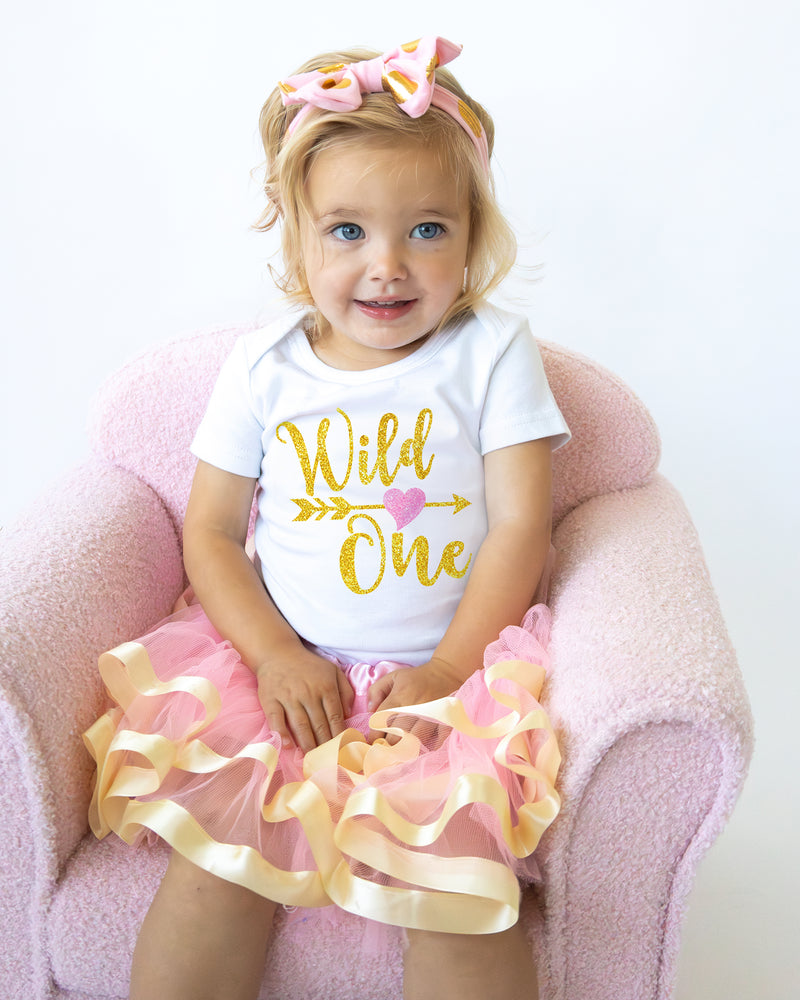 Wild One 1st Birthday Outfit for Girls – Pink & Gold Short Sleeve Bodysuit, Tutu Skirt & Bow Set