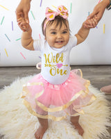 Wild One 1st Birthday Outfit for Girls – Pink & Gold Short Sleeve Bodysuit, Tutu Skirt & Bow Set