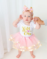 Wild One 1st Birthday Outfit for Girls – Pink & Gold Short Sleeve Bodysuit, Tutu Skirt & Bow Set