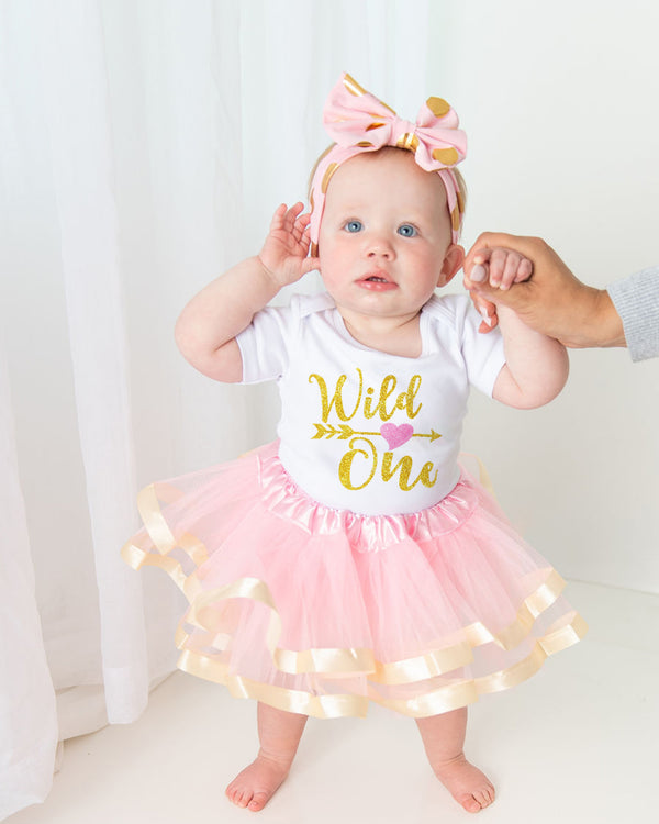 Wild One 1st Birthday Outfit for Girls – Pink & Gold Short Sleeve Bodysuit, Tutu Skirt & Bow Set