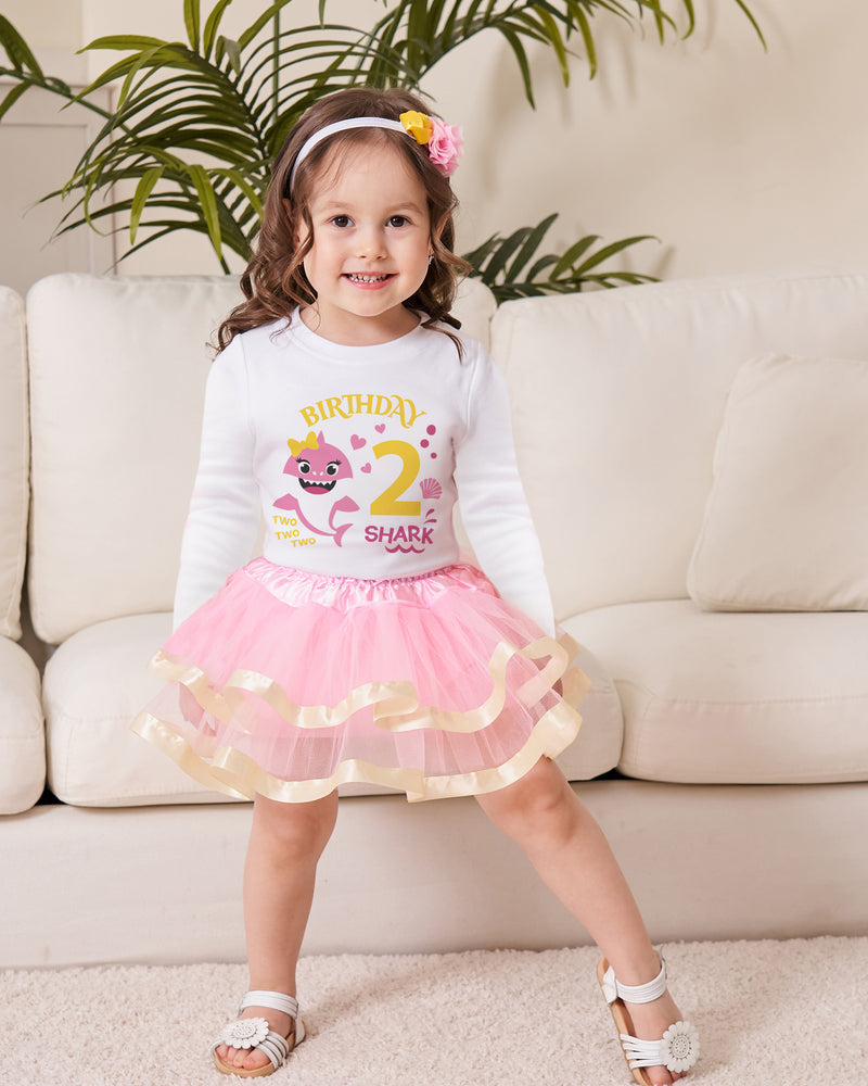 Baby Shark 2nd Birthday Outfit for Girls – Long Sleeve Bodysuit, Pink Tutu Skirt & Headband Set