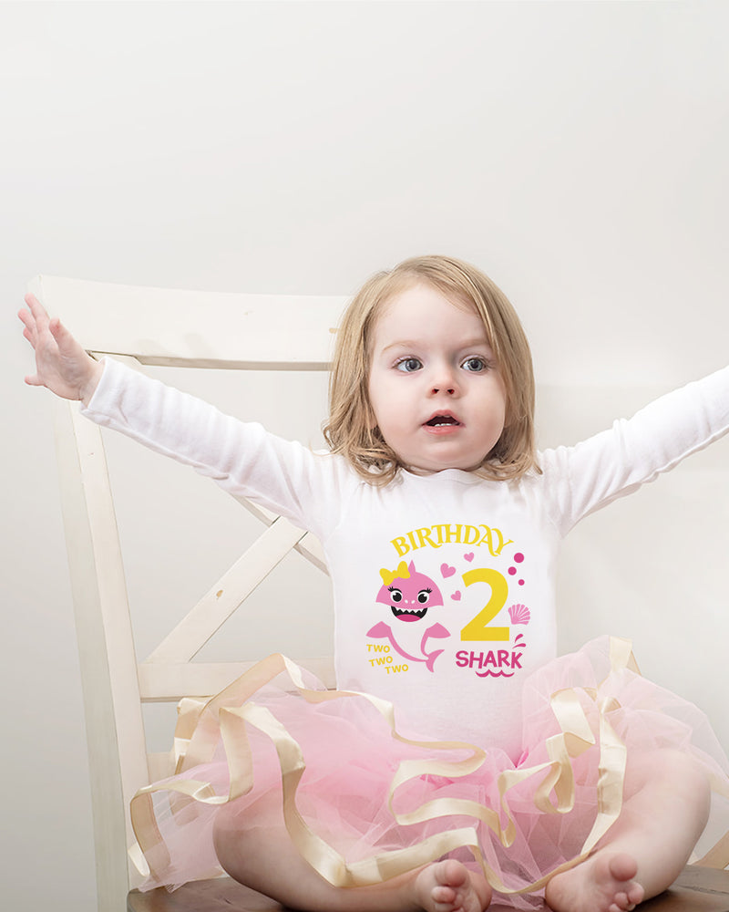 Baby Shark 2nd Birthday Outfit for Girls – Long Sleeve Bodysuit, Pink Tutu Skirt & Headband Set