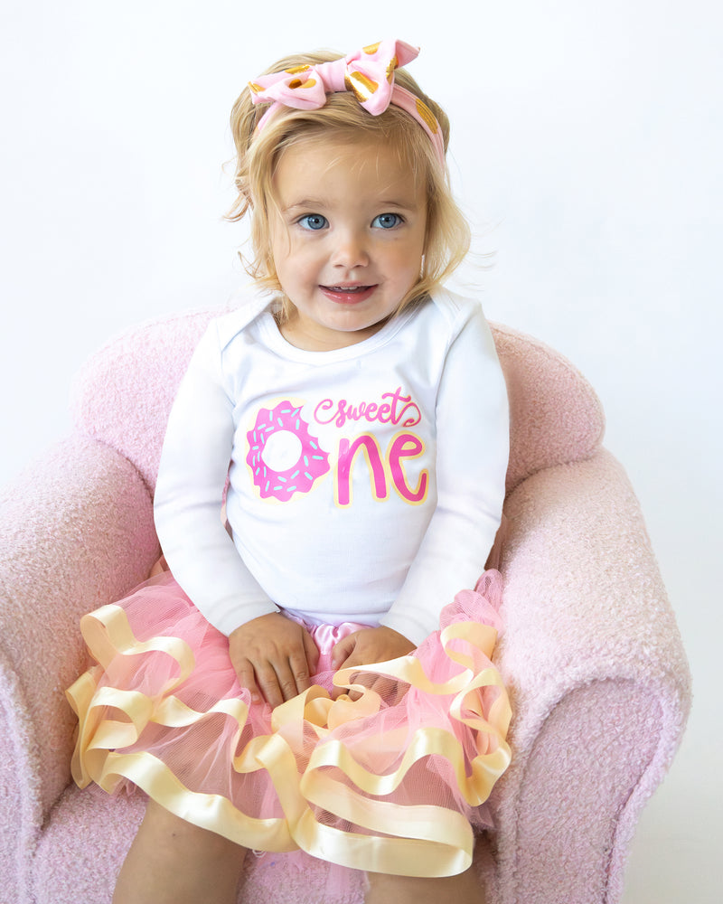 Sweet One 1st Birthday Outfit for Girls – Long Sleeve Bodysuit, Pink Tutu Skirt & Matching Headband Set