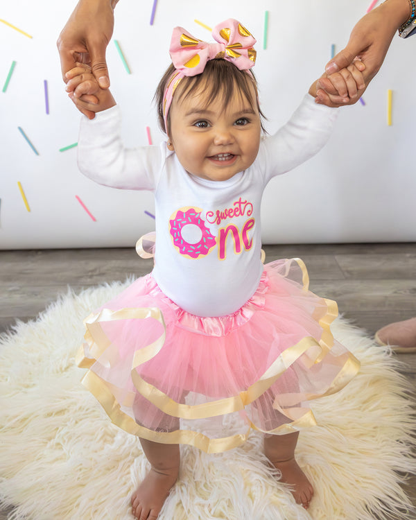 Sweet One 1st Birthday Outfit for Girls – Long Sleeve Bodysuit, Pink Tutu Skirt & Matching Headband Set