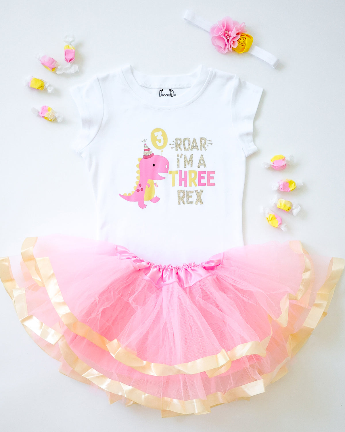 Luke and Lulu 3rd Birthday Girl Outfit - Three Rex Girl Outfit - Third Birthday Shirt Tutu Three Rex Decorations