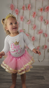 Pink & Gold Crown 1st Birthday Outfit for Girls – Long Sleeve Bodysuit, Tutu Skirt & Tiara Headband Set