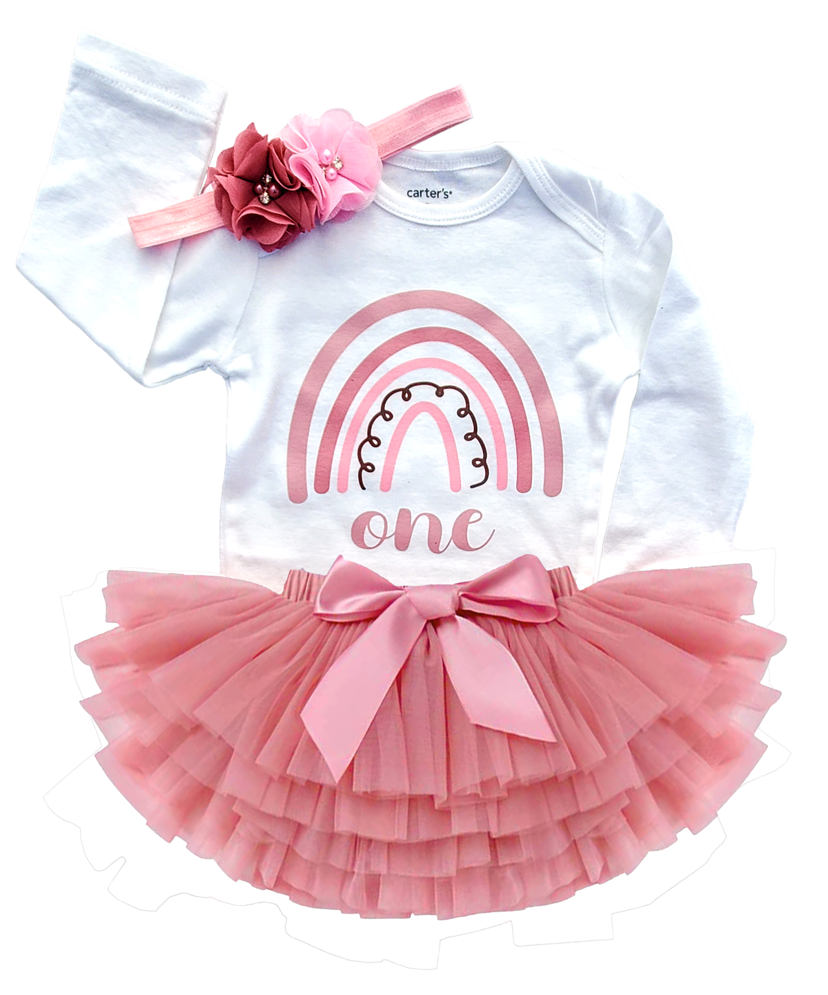Luke and Lulu 1st First Birthday Baby Girl Tutu Outfit - Onederful - Rainbow Rose Boho Chic - 9M Long Sleeve