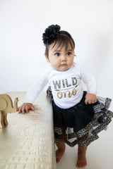 Wild One 1st Birthday Outfit for Girls – Long Sleeve Bodysuit, Leopard Tutu Skirt & Headband Set
