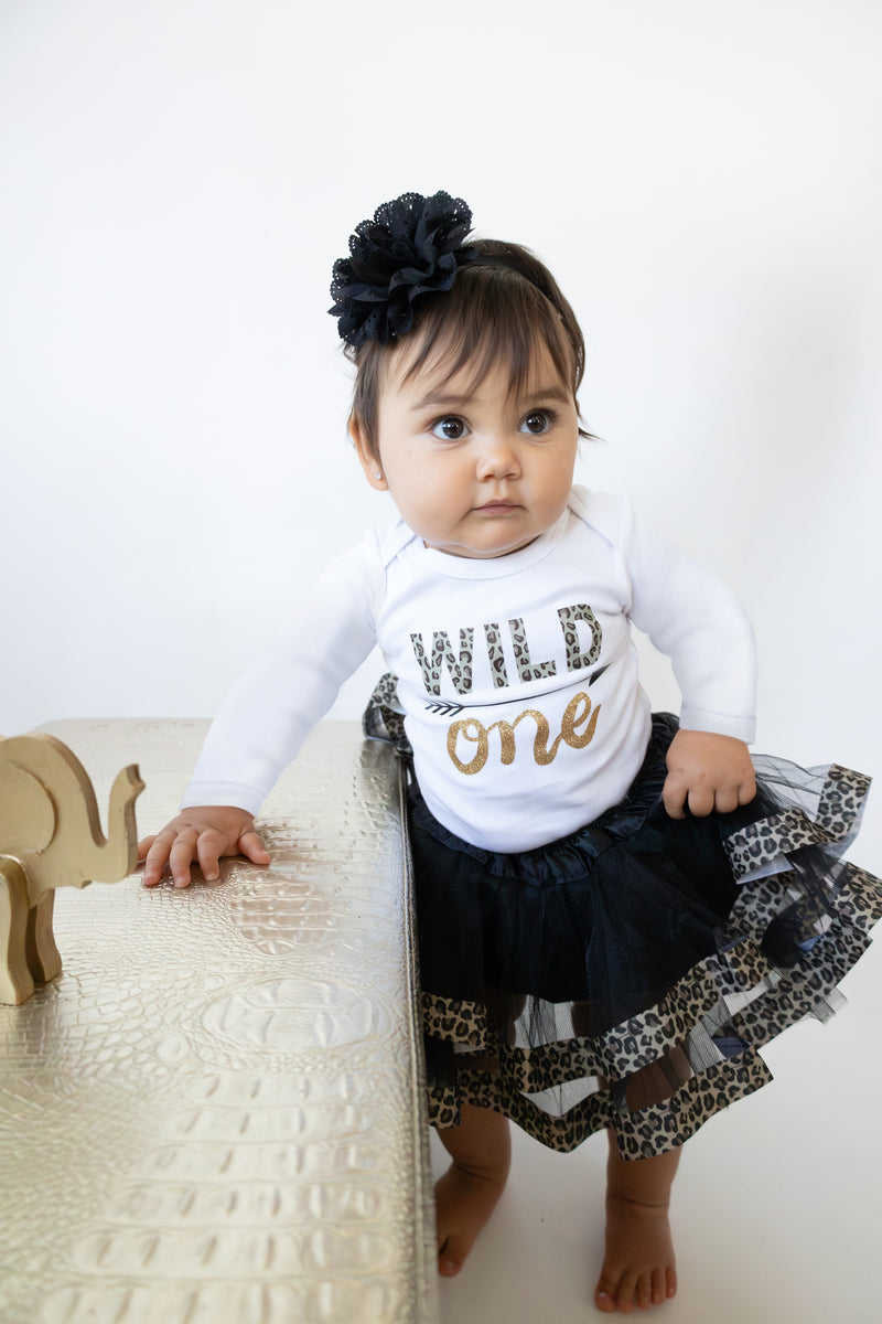 Wild One 1st Birthday Outfit for Girls – Long Sleeve Bodysuit, Leopard Tutu Skirt & Headband Set