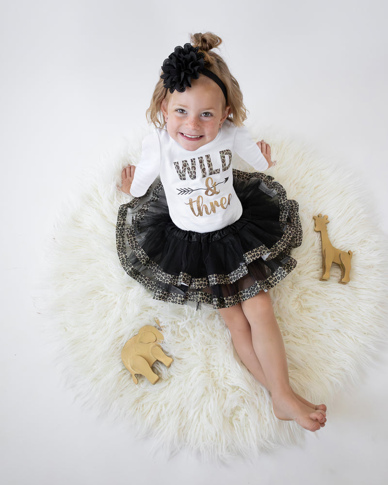 Wild and Three 3rd Birthday Outfit for Girls – Long Sleeve Leopard Print Shirt, Tutu Skirt & Headband Set