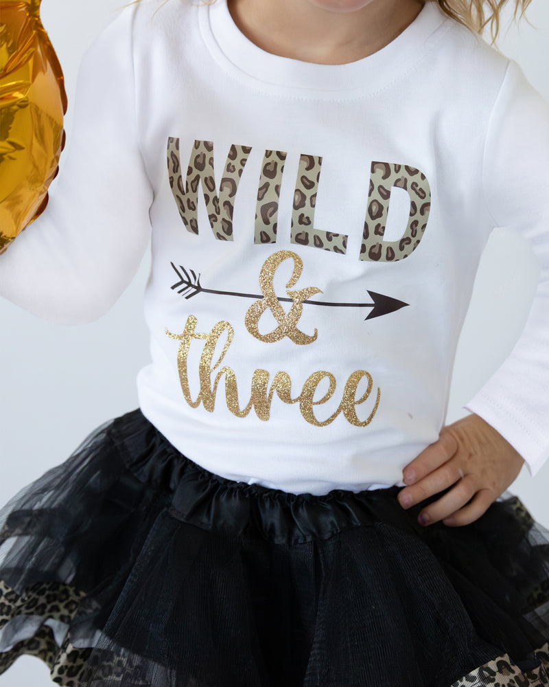 Wild and Three 3rd Birthday Outfit for Girls – Long Sleeve Leopard Print Shirt, Tutu Skirt & Headband Set