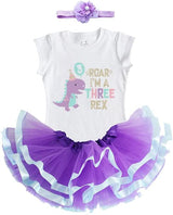 Three Rex 3rd Birthday Outfit for Girls – Short Sleeve Lavender Dinosaur Shirt, Tutu Skirt & Headband Set