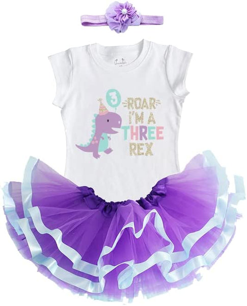 Three Rex 3rd Birthday Outfit for Girls  Short Sleeve Lavender Dinosa   Luke and Lulu Apparel