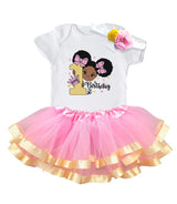 Pink & Gold Afro Puffs 1st Birthday Outfit for Girls – Short Sleeve Bodysuit, Tutu Skirt & Headband Set