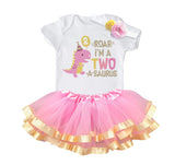 Two Rex 2nd Birthday Outfit for Girls – Pink Dinosaur Short Sleeve Bodysuit, Tutu Skirt & Headband Set