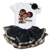 Leopard Afro Puff 1st Birthday Outfit for Girls – Short Sleeve Bodysuit, Tutu Skirt & Headband Set