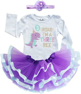 Three Rex 3rd Birthday Outfit for Girls – Long Sleeve Lavender Dinosaur Shirt, Tutu Skirt & Headband Set