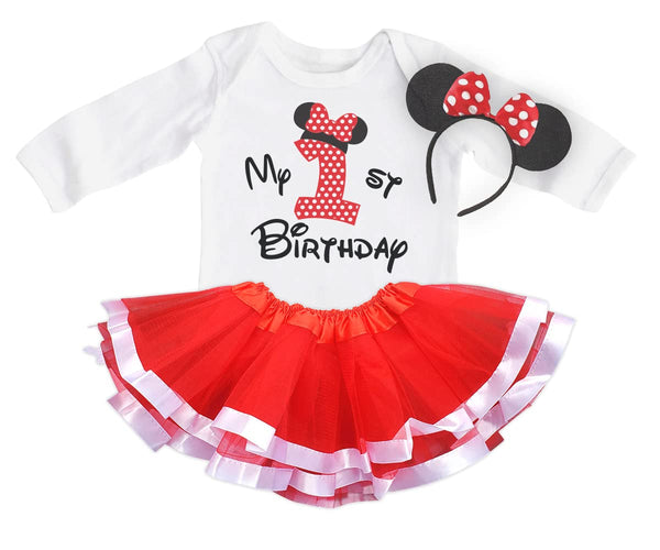Mouse First Birthday Outfit Baby Girl Tutu Set Red and White Long Sleeve