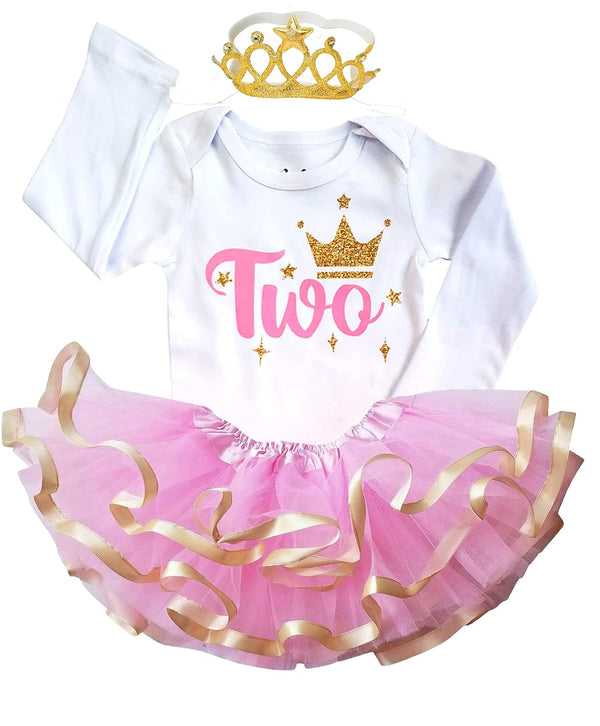 1st First 2nd Second Birthday Party Outfit- Baby Girl Pink Gold Silver Princess Tutu Set and Crown 2nd Birthday Gold Crown Long Sleeve