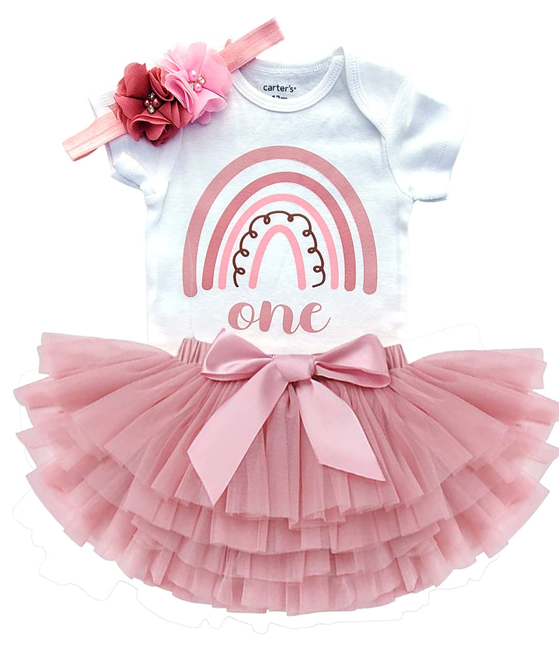1st First Birthday Baby Girl Tutu Dress Set - Boho Rose Rainbow