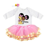 Pink & Gold Afro Puffs 1st Birthday Outfit for Girls – Long Sleeve Bodysuit, Tutu Skirt & Headband Set