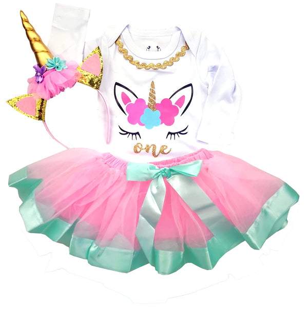 1st Birthday Outfit Baby Girl Tutu - Unicorn Pink Green
