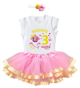 Baby Shark 3rd Birthday Outfit for Girls – Pink Shark Shirt, Tutu Skirt & Headband Set