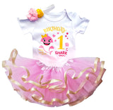 1st First Birthday Baby Girl Tutu Outfit- One Year Old Baby Shark Party Outfit- White/Pink