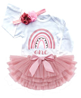 Boho Rainbow Rose 1st Birthday Outfit for Girls – Long Sleeve Bodysuit, Tutu Skirt & Headband Set